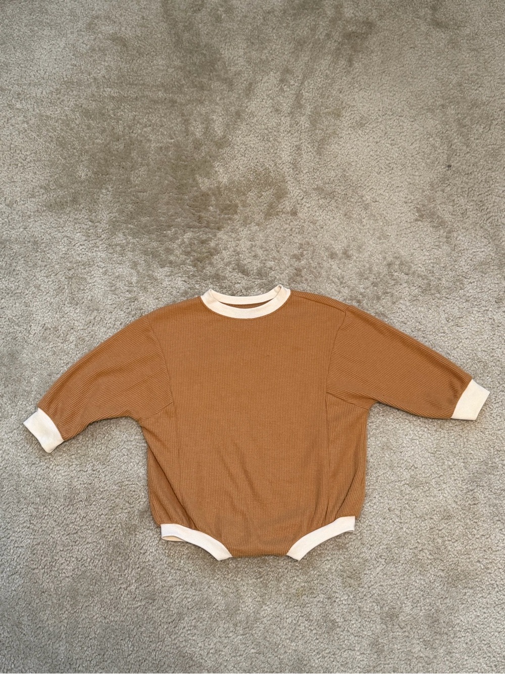 Cat & Jack Brown Waffle Knit Long-Sleeve Bubble Romper with Cream Trim